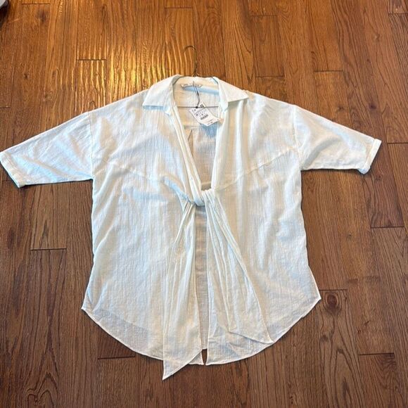 Zara NWT cotton white collared tie front blouse coverup M - Picture 7 of 10